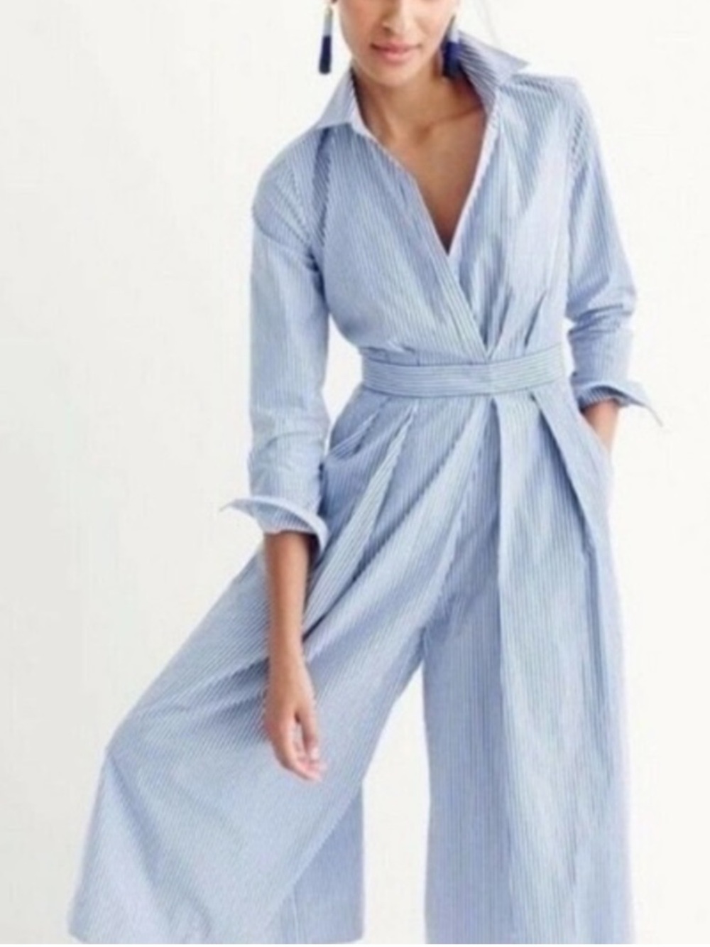 J crew pinstripe wide leg crop cotton jumpsuit